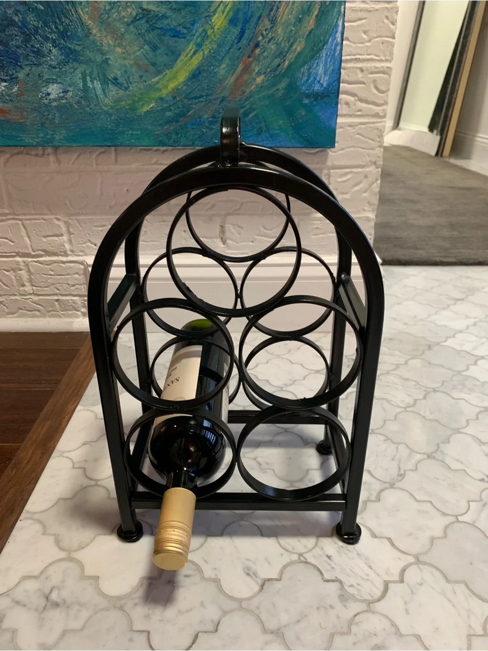 Vintage Black Wrought Iron/Metal 5-Bottle Wine Rack - Compact Countertop Holder